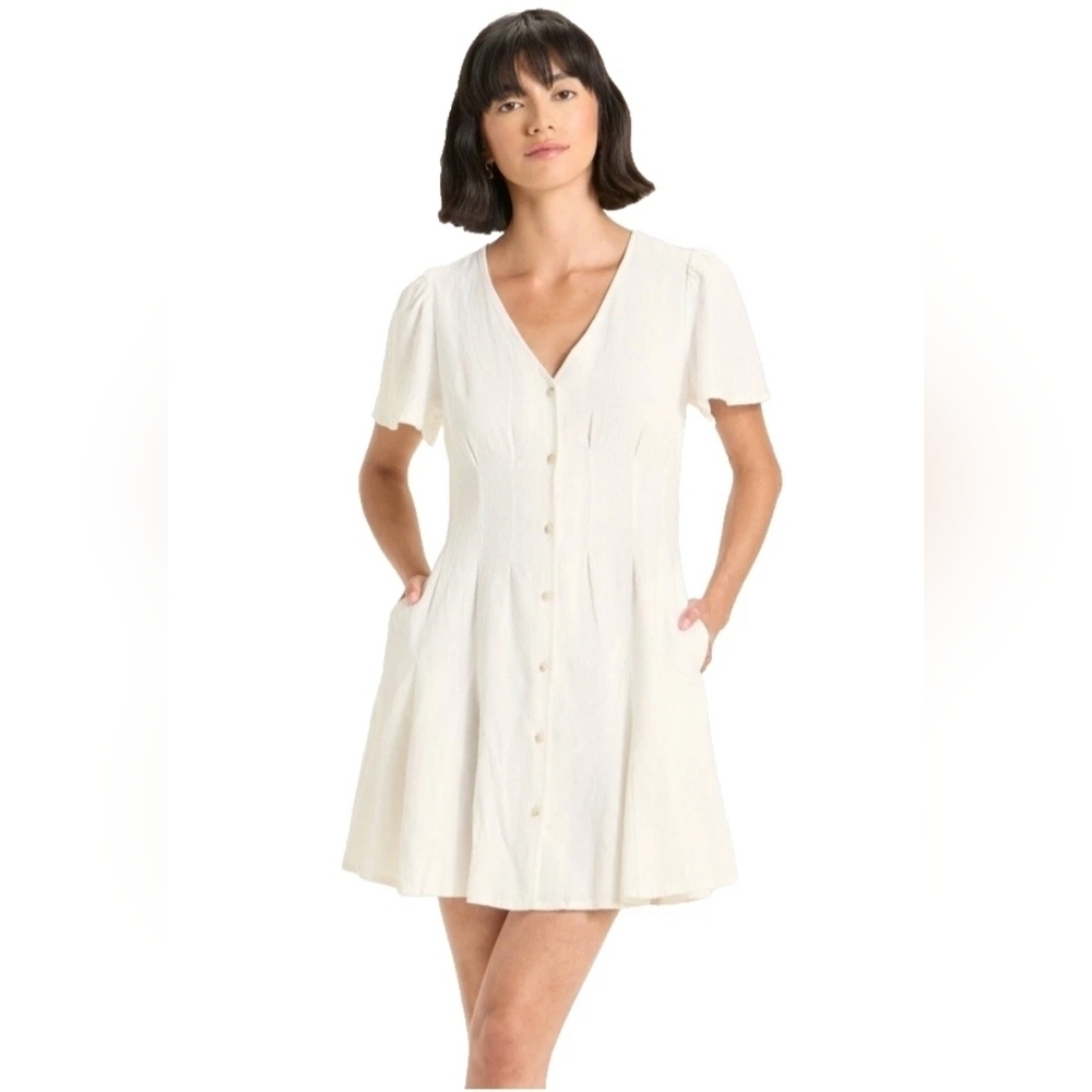 Universal Thread Women's Linen Blend White Summer Dress Button Front Size S